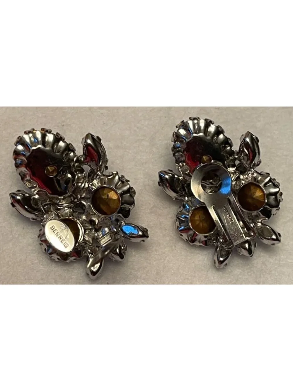 Vtg Ben Reig Blue Glass Clip-On Earrings Schreiner Era Designer Jewelry